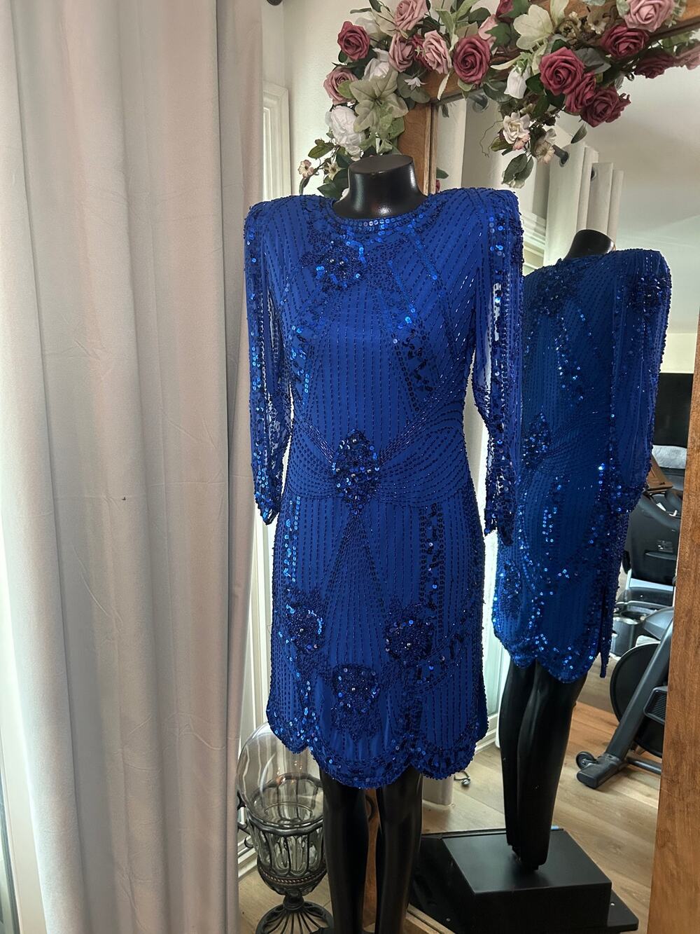 Vtg 80s Kezza Luna by Modi Beaded Silk Dress Royal Blue Sequin Sz 8 MSRP $350